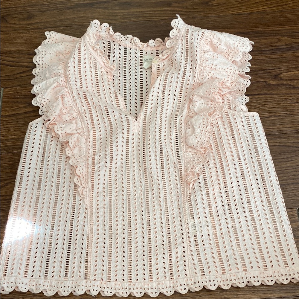 Large Rebecca Taylor Elegant Pink Lace Ruffle Top
